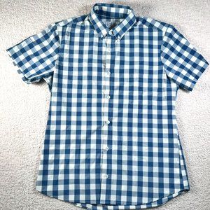 Mizzen Main Shirt Mens Button Up Large Trim Fit Blue Check Short Sleeve Light